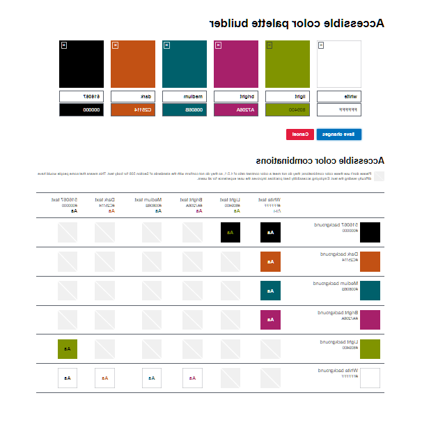 可访问调色板构建器网站的屏幕截图，其中有六个彩色矩形，后面是可访问颜色组合的图表